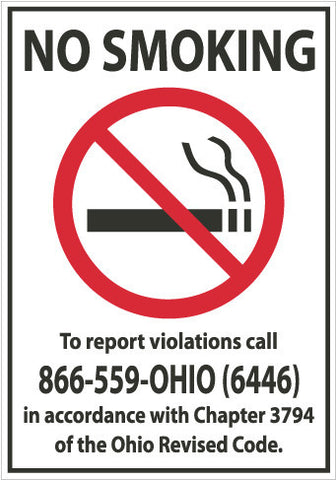 NMC M708RB-NO SMOKING (GRAPHIC) TO REPORT VIOLATIONS CALL 866-559-OHIO (6446) IN ACCORDANCE WITH CHAPTER 3794 OF THE OHIO REVISED CODE, 14X10, RIGID PLASTIC (1 EACH)