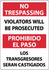 NMC M732RB-NO TRESPASSING VIOLATORS WILL BE PROSECUTED, BILINGUAL, 14X10, RIGID PLASTIC (1 EACH)