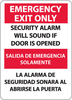NMC M734RB-EMERGENCY EXIT SECURITY ALARM WILL SOUND IF DOOR IS OPENED, BILINGUAL, 14X10, RIGID PLASTIC (1 EACH)