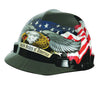 MSA 10079479 Black, Red And White Class E Type I V-Gard Freedom Series Polyethylene Hard Cap With 4-Point Fas-Trac Ratchet Suspension And Eagle, United States Of America And Flowing US Flags On Front  (1/EA)