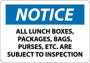 NMC N208RB-NOTICE, ALL LUNCH BOXES PACKAGES BAGS PURSES.., 10X14, RIGID PLASTIC (1 EACH)