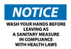 NMC N362AP-NOTICE, WASH YOUR HANDS BEFORE LEAVING AS A SANITARY MEASURE IN COMPLIANCE WITH HEALTH LAWS, 3X5, PS VINYL (PAK OF 5)