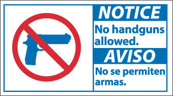 NMC NBA1R-NOTICE, 10 X 18 NOTICE NO HANDGUNS ALLOWED/AVISO (BILINGUAL W/GRAPHIC), 10X18, RIGID PLASTIC (1 EACH)
