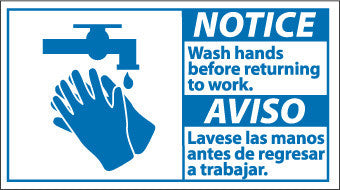 NMC NBA8R-NOTICE, 10 X 18 NOTICE WASH HANDS BEFORE RETURN- (BILINGUAL W/GRAPHIC), 10X18, RIGID PLASTIC (1 EACH)
