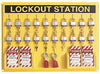 North LSE106F by Honeywell 21" X 29" Polystyrene Departmental Complete Lockout Station Includes (1) Panel, (20) 3D Wide Individually Keyed Padlocks, (4) Lockout Tags And (6) Hasps  (1/EA)