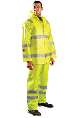 OccuNomix TJR/FR-YXL X-Large Hi-Viz Yellow Premium PVC Coated Modacrylic And Cotton Jersey Flame Resistant Rain Jacket With Storm Flap Over Non-Sparking Zipper And Snap Button Closure, 3M Scotchlite Reflective Stripe (1/EA)