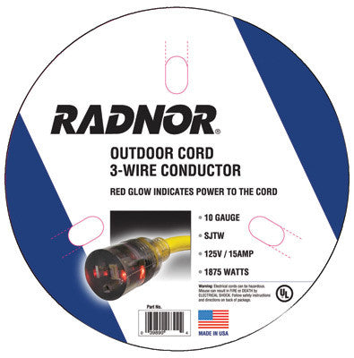 Radnor 64006302  10/3 X 100' Extension Cord With Lighted End (1 PER CASE)