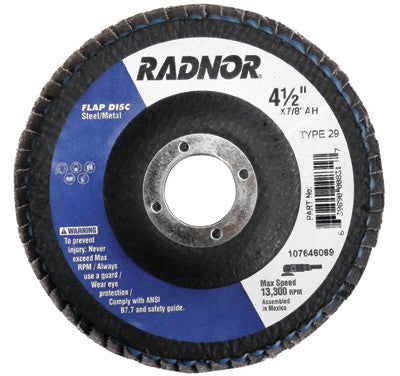 Radnor 64000861  4 1/2'' X 7/8'' 36 Grit Zirconia Alumina Type 29 Flap Disc (1 PER CASE)