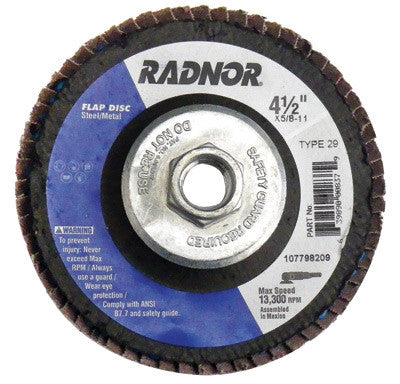 Radnor 64000869  4 1/2'' X 5/8'' - 11 60 Grit Zirconia Alumina Type 29 Flap Disc With Fiberglass Back (1 PER CASE)