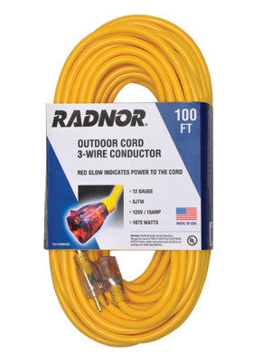Radnor 64006305  12/3 X 100' Extension Cord With Lighted End (1 PER CASE)