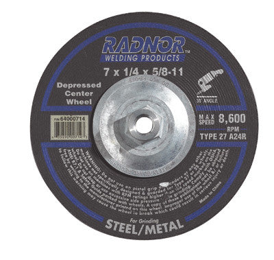 Radnor 64000714  7'' X 1/4'' X 5/8'' - 11 A24R Aluminum Oxide Type 27 Depressed Center Grinding Wheel For Use With Right Angle Grinder On Metal And Steel (10 PER CASE)