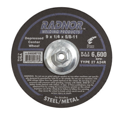Radnor 64000720  9'' X 1/8'' X 5/8'' - 11 A24R Aluminum Oxide Type 27 Depressed Center Cut Off Wheel For Use With Right Angle Grinder On Metal And Steel (10 PER CASE)