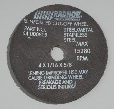 Radnor 64000805  4'' X 1/16'' X 5/8'' A36T Aluminum Oxide Reinforced Type 1 Cut Off Wheel For Use With Right Angle Grinder On Metal (1 PER CASE)