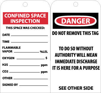 NMC RPT101G-TAGS, CONFINED SPACE INSPECTION, 6X3, UNRIP VINYL W/ GROMMET (PAK OF 25)