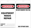 NMC RPT106G-TAGS, EQIUPMENT NEEDS REPAIR, 6X3, UNRIP VINYL W/ GROMMET (PAK OF 25)