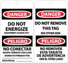 NMC RPT110G-TAGS, DANGER DO NOT ENERGIZE (BILINGUAL), 6X3, UNRIP VINYL W/ GROMMET (PAK OF 25)