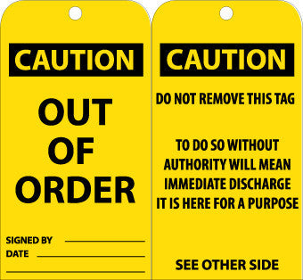 NMC RPT145G-TAGS, OUT OF ORDER, 6X3, .015 MIL UNRIP VINYL, 25 PK W/ GROMMET (PAK OF 25)