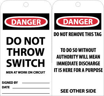 NMC RPT14-TAGS, DANGER DO NOT THROW SWITCH MEN AT WORK, 6X3, UNRIP VINYL (PAK OF 25)