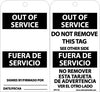 NMC RPT153G-TAGS, OUT OF SERVICE BILINGUAL, 6X3, .015 MIL UNRIP VINYL, 25 PK W/ GROMMET (PAK OF 25)
