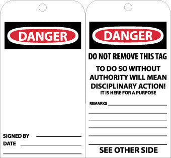 NMC RPT162G-TAGS, DANGER, 6X3, UNRIP VINYL W/ GROMMET (PAK OF 25)