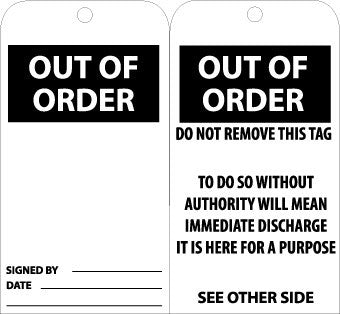 NMC RPT24G-TAGS, OUT OF ORDER, 6X3, UNRIP VINYL W/ GROMMET (PAK OF 25)