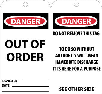 NMC RPT25-TAGS, DANGER OUT OF ORDER, 6X3, UNRIP VINYL (PAK OF 25)