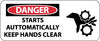 NMC SA157R-DANGER, STARTS AUTOMATICALLY KEEP HANDS CLEAR (W/GRAPHIC), 7X17, RIGID PLASTIC (1 EACH)