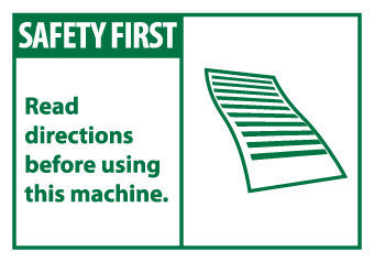 NMC SGA10AP-SAFETY FIRST, READ DIRECTIONS BEFORE USING THIS MACHINE, 3X5, PS VINYL (PAK OF 5)