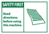 NMC SGA10AP-SAFETY FIRST, READ DIRECTIONS BEFORE USING THIS MACHINE, 3X5, PS VINYL (PAK OF 5)