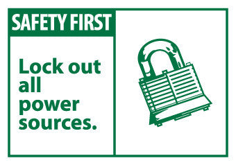 NMC SGA3AP-SAFETY FIRST, LOCKOUT ALL POWER SOURCES (GRAPHIC), 3X5, PS VINYL (PAK OF 5)