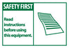 NMC SGA6AP-SAFETY FIRST, READ INSTRUCTIONS BEFORE USING THIS EQUIPMENT, 3X5, PS VINYL (PAK OF 5)