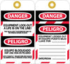 NMC SPLOTAG12-25-TAGS, EQUIPMENT LOCK OUT A LIFE IS ON THE LINE, BILINGUAL, 6X3, UNRIP VINYL (PAK OF 25)