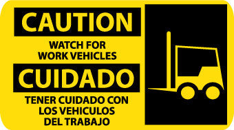 NMC SPSA122P-CAUTION, WATCH FOR WORK VEHICLE (BILINGUAL W/GRAPHIC), 10X18, PS VINYL (1 EACH)