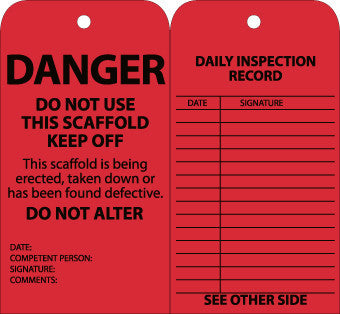 NMC SPT1-TAGS, SCAFFOLD INSPECTION, RED, 6X3, CARDSTOCK WITH GROMMET (PAK OF 25)