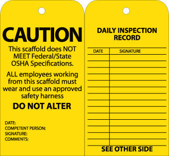 NMC SPT2-TAGS, SCAFFOLD INSPECTION, YELLOW, 6X3, CARDSTOCK WITH GROMMET (PAK OF 25)