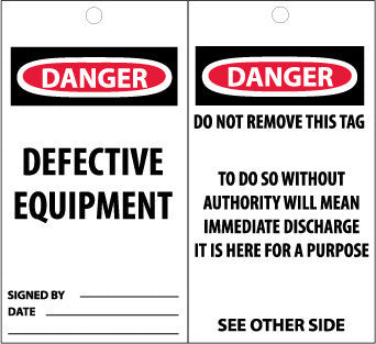 NMC ST503-TAGS, DANGER, DEFECTIVE EQUIPMENT, 6X3, SYNTHETIC PAPER (PAK OF 25)