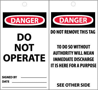 NMC ST505250-TAGS, DANGER, DO NOT OPERATE, 6X3, SYNTHETIC PAPER, 250/BOX (BOX OF 250)