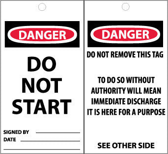 NMC ST508-TAGS, DANGER, DO NOT START, 6X3, SYNTHETIC PAPER (PAK OF 25)