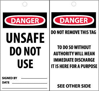 NMC ST513-TAGS, DANGER, UNSAFE DO NOT USE, 6X3, SYNTHETIC PAPER (PAK OF 25)