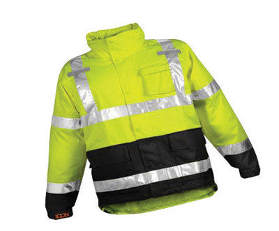 Tingley J24122-XL X-Large 33 1/2" Fluorescent Yellow/Green/Black Icon Job Sight 12 mil Polyurethane And Polyester Class 3 Level 2 Rain Jacket With Storm Fly Front And Zipper Closure, Silver Reflective Tape And Attached Hood  (1/EA)
