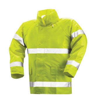 Tingley J53122-M Medium 30" Fluorescent Yellow/Green Comfort-Brite 14 mil PVC And Polyester Class 3 Level 2 Flame Resistant Rain Jacket With Storm Fly Front And Zipper Closure, Riveted Patch Pockets And Silver Reflective Tape  (1/EA)