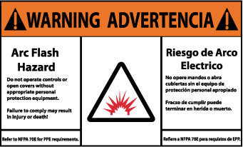 NMC WGA34AP-WARNING, ARC FLASH HAZARD, BILINGUAL, (GRAPHIC), 3X5, PS VINYL (PAK OF 5)